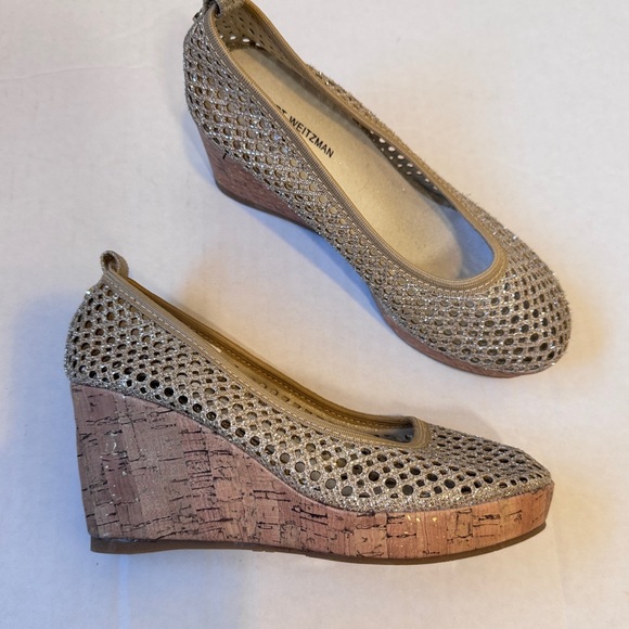 Stuart Weitzman Gold Mesh Cork Wedge Heels Girls Size 2 Kids Dressy Summer - Picture 1 of 11